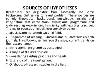 SOURCES OF HYPOTHESES 
Hypotheses are originated from essentially the same 
background that serves to reveal problem. These sources are 
namely theoretical background, knowledge, insight and 
imagination that come from instructional programme and 
wide reading experiences, familiarity with existing practices. 
The major sources of hypotheses are given below: 
1. Specialization of an educational field. 
2. Programme of reading: Pubished studies, abstracts reearch 
journals. Hand books, seminarson the issue, current trends on 
the research area. 
3. Instructional programmes pursuaded. 
4. Analyse of the area studied. 
5. Considering existing practices and needs. 
6. Extension of the investigation. 
7. Offshoots of research studies in the field 
 