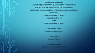 UNIVERSIDAD DE PANAMÁ
FACULTAD DE INFORMÁTICA, ELECTRÓNICA Y COMUNICACIÓN
CENTRO REGIONAL UNIVERSITARIO DE PANAMÁ ESTE
MAESTRÍA EN TECNOLOGÍA DE LA INFORMACIÓN Y LA COMUNICACIÓN
ASIGNATURA:
COMPUTACIÓN EN LA NUBE
TALLER SUMATIVO # 1
TEMA:
COMPUTACIÓN EN LA NUBE
PRESENTADO POR
ZULEYKA G. DELGADO S.
PROFESORA
YANARIS VARGAS
FECHA DE ENTREGA
SÁBADO 10 DE OCTUBRE DE 2020
 