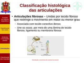 Introdução à anatomia do sistema locomotor
Classificação histológica
das articulações
● Articulações fibrosas – Unidas por tecido fibroso
que restringe o movimento em maior ou menor grau
– Associada com tecido conectivo denso;
– Une os ossos por meio de uma lâmina de tecido
fibroso, ligamento ou membrana fibrosa
Funções
do sistema
esquelético
Classificação
dos ossos
Acidentes
e formações
ósseas
Articulações
Classificação
dos músculos
 