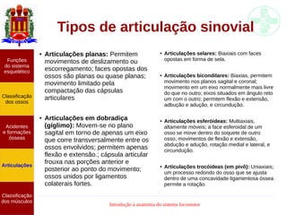 Introdução à anatomia do sistema locomotor
Tipos de articulação sinovial
Funções
do sistema
esquelético
Classificação
dos ossos
Acidentes
e formações
ósseas
Articulações
Classificação
dos músculos
● Articulações planas: Permitem
movimentos de deslizamento ou
escorregamento; faces opostas dos
ossos são planas ou quase planas;
movimento limitado pela
compactação das cápsulas
articulares
● Articulações em dobradiça
(gíglimo): Movem-se no plano
sagital em torno de apenas um eixo
que corre transversalmente entre os
ossos envolvidos; permitem apenas
flexão e extensão.; cápsula articular
frouxa nas porções anterior e
posterior ao ponto do movimento;
ossos unidos por ligamentos
colaterais fortes.
● Articulações selares: Biaxiais com faces
opostas em forma de sela.
● Articulações bicondilares: Biaxias, permitem
movimento nos planos sagital e coronal;
movimento em um eixo normalmente mais livre
do que no outro; eixos situados em ângulo reto
um com o outro; permitem flexão e extensão,
adbução e adução, e circundução.
● Articulações esferóideas: Multiaxiais,
altamente móveis; a face esferoidal de um
osso se move dentro do soquete de outro
osso; movimentos de flexão e extensão,
abdução e adução, rotação medial e lateral, e
circundução.
● Articulações trocóideas (em pivô): Uniaxiais;
um processo redondo do osso que se ajusta
dentro de uma concavidade ligamentosa óssea
permite a rotação
 