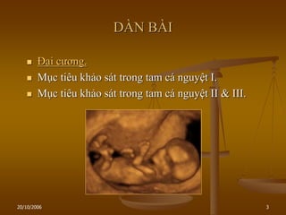20/10/2006 3
DÀN BÀI
 Đại cƣơng.
 Mục tiêu khảo sát trong tam cá nguyệt I.
 Mục tiêu khảo sát trong tam cá nguyệt II & III.
 