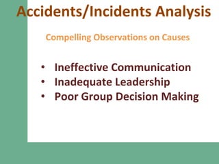 Accidents/Incidents Analysis
Compelling Observations on Causes
• Ineffective Communication
• Inadequate Leadership
• Poor Group Decision Making
 