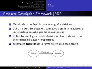 Introducci´on
Tecnolog´ıas de la web sem´antica
Datos enlazados
Transformaci´on de BDR a grafos RDF
Problemas abiertos de investigaci´on
Conclusiones
RDF
SPARQL
Resource Description Framework (RDF)
1 Modelo de datos ﬂexible basado en grafos dirigidos
2 ´Util para describir datos estructurados y sus interrelaciones en
un formato procesable por las computadoras
3 Utiliza las ontolog´ıas para la descripci´on formal de los datos
en t´erminos de clases y propiedades
4 Se basa en tripletas de la forma sujeto-predicado-objeto
Sujeto Objeto
Predicado
Yusniel Hidalgo Delgado yhdelgado@uci.cu Introducci´on a la Web Sem´antica
 
