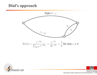 Dial’s approach
Path 1 : c
c − δ
δ
δ
Pr(1) =
e−θc1
q∈C e−θcq
=
e−θc
3e−θc
=
1
3
for any c, δ, θ
Route choice models: Introduction and recent developments – p.12/40
 