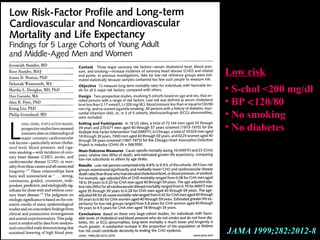 Low riskLow risk
• S-chol <200 mg/dlS-chol <200 mg/dl
• BPBP <<120/80120/80
• No smokingNo smoking
• No diabetesNo diabetes
JAMA 1999;282:2012-8
 