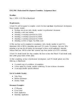 ENG 598  Professional Development Committee Assignment Sheet
Deadline:
May 1, 2020, 11:59 PM on Blackboard
Requirements:
1) Each TA will be required to complete a total of at least one hour of professional development.
Some examples include:
● Working one-on-one with a faculty member on professional documents
● Attending a safe zone training
● Attending a workshop sponsored by CETL
● Attending a workshop sponsored by GSSP
● Attending a workshop sponsored by COGS
● Attending an EGA or Sigma Tau Delta event
2) This one hour can be completed in consultation with a faculty member in each TA’s
department (MA or MFA), depending upon each TA’s needs. For instance, first-year MAs
preparing to go onto the job market are encouraged to focus on job application materials,
whereas third-year MFAs in their final semester may focus instead on a CETL workshop.
3) Each TA should decide how they complete this hour no later than March 15 and should notify
their collab group leader of their plans.
4) After completing an hour of professional development, each TA should upload one of the
following to Blackboard:
● A scanned copy of a certificate of completion
● A form signed by a faculty member confirming TA met to discuss documents
● A one-page (double spaced) reflection
List of Available Faculty:
● Toby Wray
● Barbara Kirchmeier
● Zachary Turpin
Document Examples:
● CV/Resume
● Cover Letter
● Grant Application
● Internship Application
 