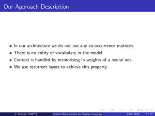Our Approach Description
In our architecture we do not use any co-occurrence matrices.
There is no entity of vocabulary in the model.
Context is handled by memorising in weights of a neural net.
We use recurrent layers to achieve this property.
V. Malykh (MIPT) Robust Word Vectors for Russian Language AINL 2016 7 / 27
 