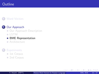 Outline
1 Word Vectors
2 Our Approach
Our Approach Description
LSTM
BME Representation
Architecture
3 Experiments
1st Corpus
2nd Corpus
V. Malykh (MIPT) Robust Word Vectors for Russian Language AINL 2016 10 / 27
 
