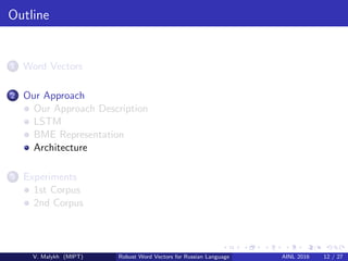 Outline
1 Word Vectors
2 Our Approach
Our Approach Description
LSTM
BME Representation
Architecture
3 Experiments
1st Corpus
2nd Corpus
V. Malykh (MIPT) Robust Word Vectors for Russian Language AINL 2016 12 / 27
 
