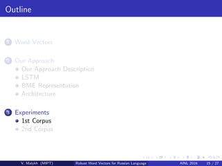 Outline
1 Word Vectors
2 Our Approach
Our Approach Description
LSTM
BME Representation
Architecture
3 Experiments
1st Corpus
2nd Corpus
V. Malykh (MIPT) Robust Word Vectors for Russian Language AINL 2016 15 / 27
 