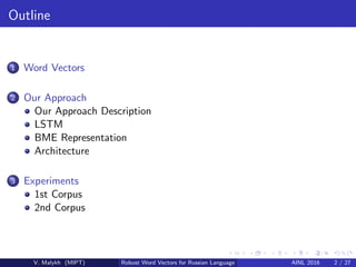 Outline
1 Word Vectors
2 Our Approach
Our Approach Description
LSTM
BME Representation
Architecture
3 Experiments
1st Corpus
2nd Corpus
V. Malykh (MIPT) Robust Word Vectors for Russian Language AINL 2016 2 / 27
 