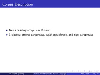 Corpus Description
News headings corpus in Russian
3 classes: strong paraphrase, weak paraphrase, and non-paraphrase
V. Malykh (MIPT) Robust Word Vectors for Russian Language AINL 2016 16 / 27
 