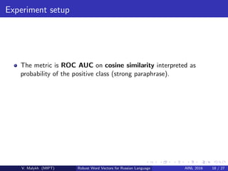 Experiment setup
The metric is ROC AUC on cosine similarity interpreted as
probability of the positive class (strong paraphrase).
V. Malykh (MIPT) Robust Word Vectors for Russian Language AINL 2016 18 / 27
 