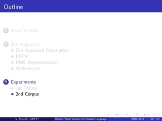 Outline
1 Word Vectors
2 Our Approach
Our Approach Description
LSTM
BME Representation
Architecture
3 Experiments
1st Corpus
2nd Corpus
V. Malykh (MIPT) Robust Word Vectors for Russian Language AINL 2016 20 / 27
 