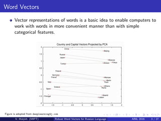 Word Vectors
Vector representations of words is a basic idea to enable computers to
work with words in more convenient manner than with simple
categorical features.
Figure is adopted from deeplearning4j.com
V. Malykh (MIPT) Robust Word Vectors for Russian Language AINL 2016 3 / 27
 