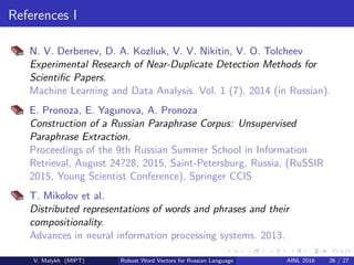 References I
N. V. Derbenev, D. A. Kozliuk, V. V. Nikitin, V. O. Tolcheev
Experimental Research of Near-Duplicate Detection Methods for
Scientiﬁc Papers.
Machine Learning and Data Analysis. Vol. 1 (7), 2014 (in Russian).
E. Pronoza, E. Yagunova, A. Pronoza
Construction of a Russian Paraphrase Corpus: Unsupervised
Paraphrase Extraction.
Proceedings of the 9th Russian Summer School in Information
Retrieval, August 24?28, 2015, Saint-Petersburg, Russia, (RuSSIR
2015, Young Scientist Conference), Springer CCIS
T. Mikolov et al.
Distributed representations of words and phrases and their
compositionality.
Advances in neural information processing systems. 2013.
V. Malykh (MIPT) Robust Word Vectors for Russian Language AINL 2016 26 / 27
 