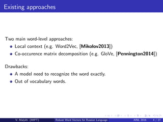 Existing approaches
Two main word-level approaches:
Local context (e.g. Word2Vec, [Mikolov2013])
Co-occurence matrix decomposition (e.g. GloVe, [Pennington2014])
Drawbacks:
A model need to recognize the word exactly.
Out of vocabulary words.
V. Malykh (MIPT) Robust Word Vectors for Russian Language AINL 2016 4 / 27
 