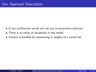 Our Approach Description
In our architecture we do not use any co-occurrence matrices.
There is no entity of vocabulary in the model.
Context is handled by memorising in weights of a neural net.
V. Malykh (MIPT) Robust Word Vectors for Russian Language AINL 2016 7 / 27
 
