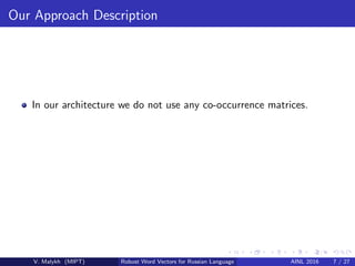 Our Approach Description
In our architecture we do not use any co-occurrence matrices.
V. Malykh (MIPT) Robust Word Vector...