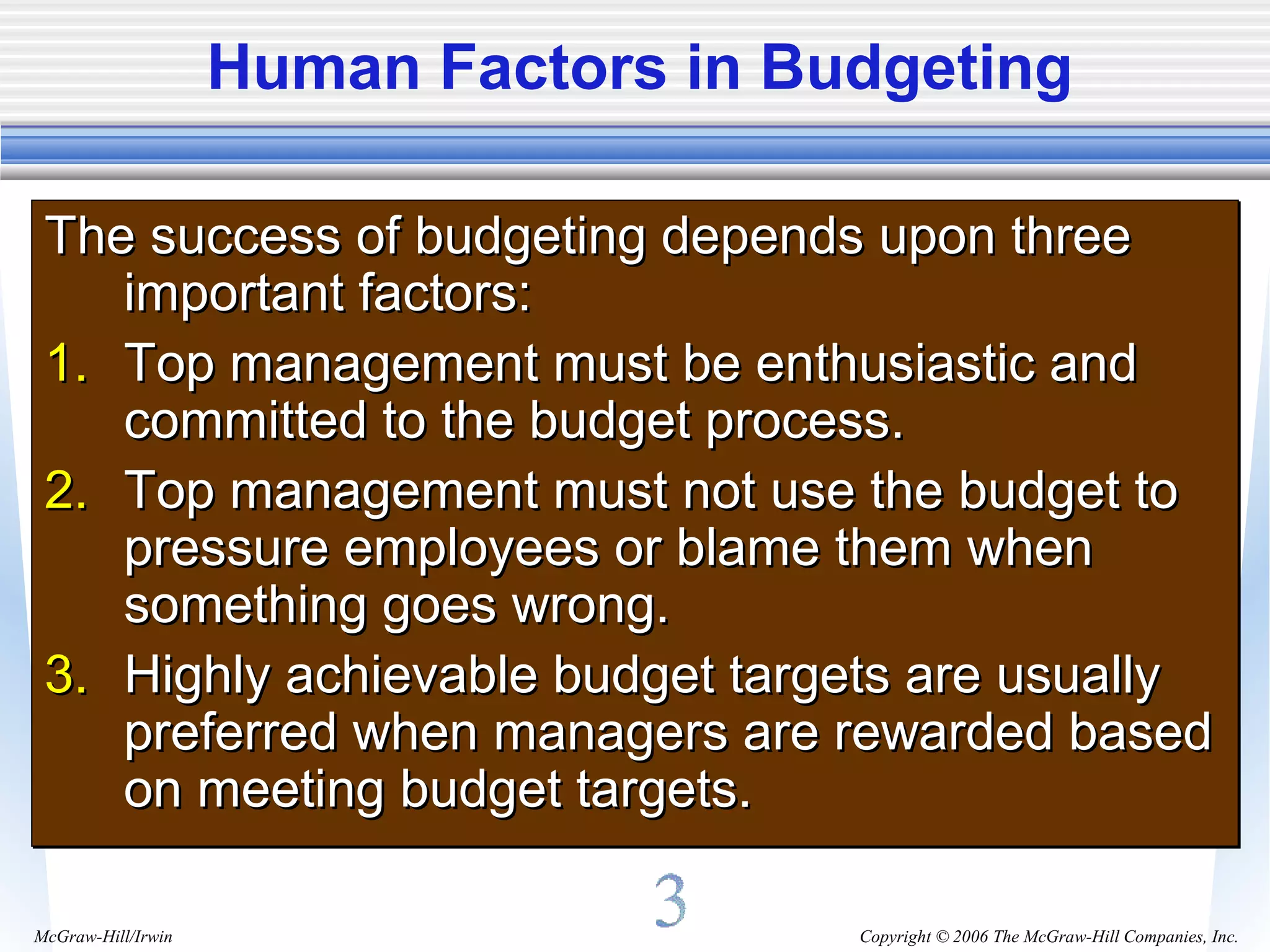 Copyright © 2006 The McGraw-Hill Companies, Inc.McGraw-Hill/Irwin
Human Factors in Budgeting
The success of budgeting depends upon threeThe success of budgeting depends upon three
important factors:important factors:
1.1. Top management must be enthusiastic andTop management must be enthusiastic and
committed to the budget process.committed to the budget process.
2.2. Top management must not use the budget toTop management must not use the budget to
pressure employees or blame them whenpressure employees or blame them when
something goes wrong.something goes wrong.
3.3. Highly achievable budget targets are usuallyHighly achievable budget targets are usually
preferred when managers are rewarded basedpreferred when managers are rewarded based
on meeting budget targets.on meeting budget targets.
The success of budgeting depends upon threeThe success of budgeting depends upon three
important factors:important factors:
1.1. Top management must be enthusiastic andTop management must be enthusiastic and
committed to the budget process.committed to the budget process.
2.2. Top management must not use the budget toTop management must not use the budget to
pressure employees or blame them whenpressure employees or blame them when
something goes wrong.something goes wrong.
3.3. Highly achievable budget targets are usuallyHighly achievable budget targets are usually
preferred when managers are rewarded basedpreferred when managers are rewarded based
on meeting budget targets.on meeting budget targets.
 