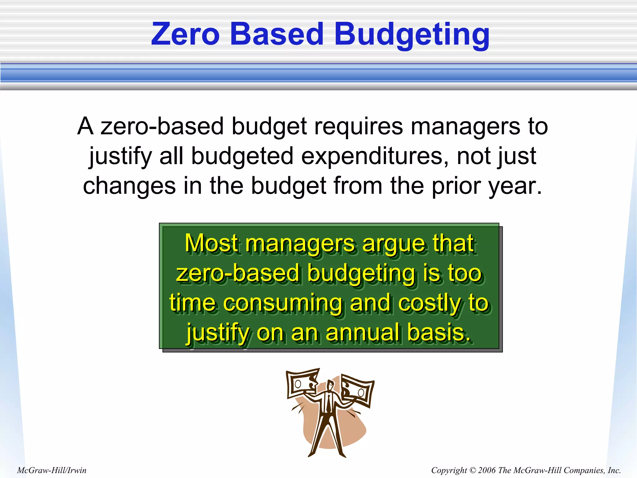 Copyright © 2006 The McGraw-Hill Companies, Inc.McGraw-Hill/Irwin
Zero Based Budgeting
A zero-based budget requires managers to
justify all budgeted expenditures, not just
changes in the budget from the prior year.
Most managers argue thatMost managers argue that
zero-based budgeting is toozero-based budgeting is too
time consuming and costly totime consuming and costly to
justify on an annual basis.justify on an annual basis.
Most managers argue thatMost managers argue that
zero-based budgeting is toozero-based budgeting is too
time consuming and costly totime consuming and costly to
justify on an annual basis.justify on an annual basis.
 