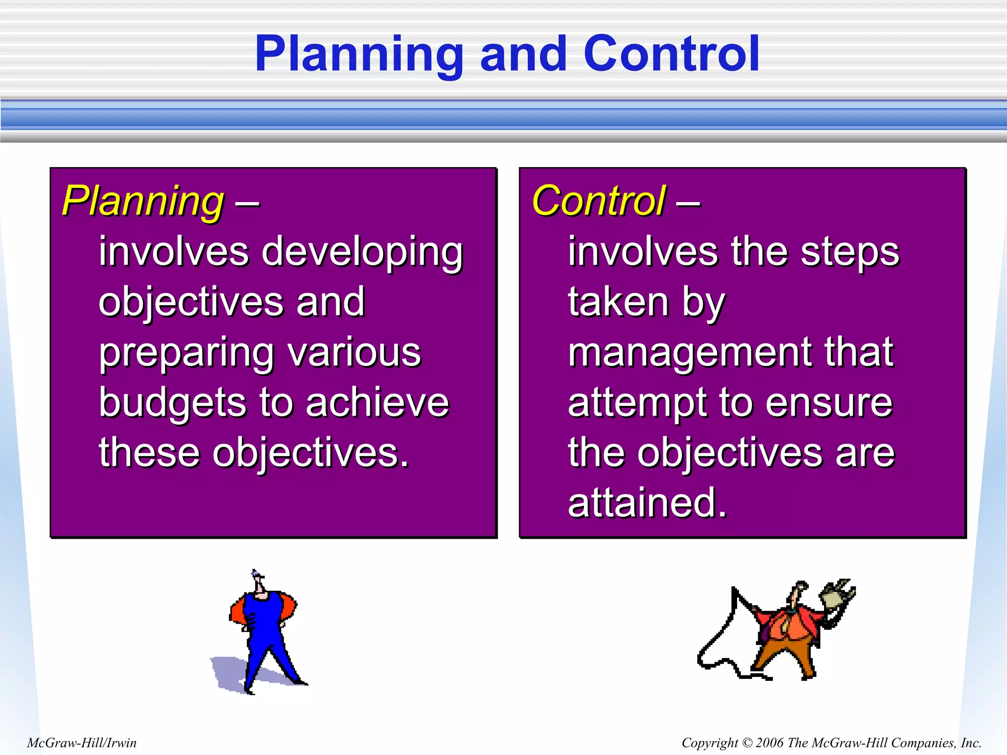 Copyright © 2006 The McGraw-Hill Companies, Inc.McGraw-Hill/Irwin
Planning and Control
PlanningPlanning ––
involves developinginvolves developing
objectives andobjectives and
preparing variouspreparing various
budgets to achievebudgets to achieve
these objectives.these objectives.
PlanningPlanning ––
involves developinginvolves developing
objectives andobjectives and
preparing variouspreparing various
budgets to achievebudgets to achieve
these objectives.these objectives.
ControlControl ––
involves the stepsinvolves the steps
taken bytaken by
management thatmanagement that
attempt to ensureattempt to ensure
the objectives arethe objectives are
attained.attained.
ControlControl ––
involves the stepsinvolves the steps
taken bytaken by
management thatmanagement that
attempt to ensureattempt to ensure
the objectives arethe objectives are
attained.attained.
 