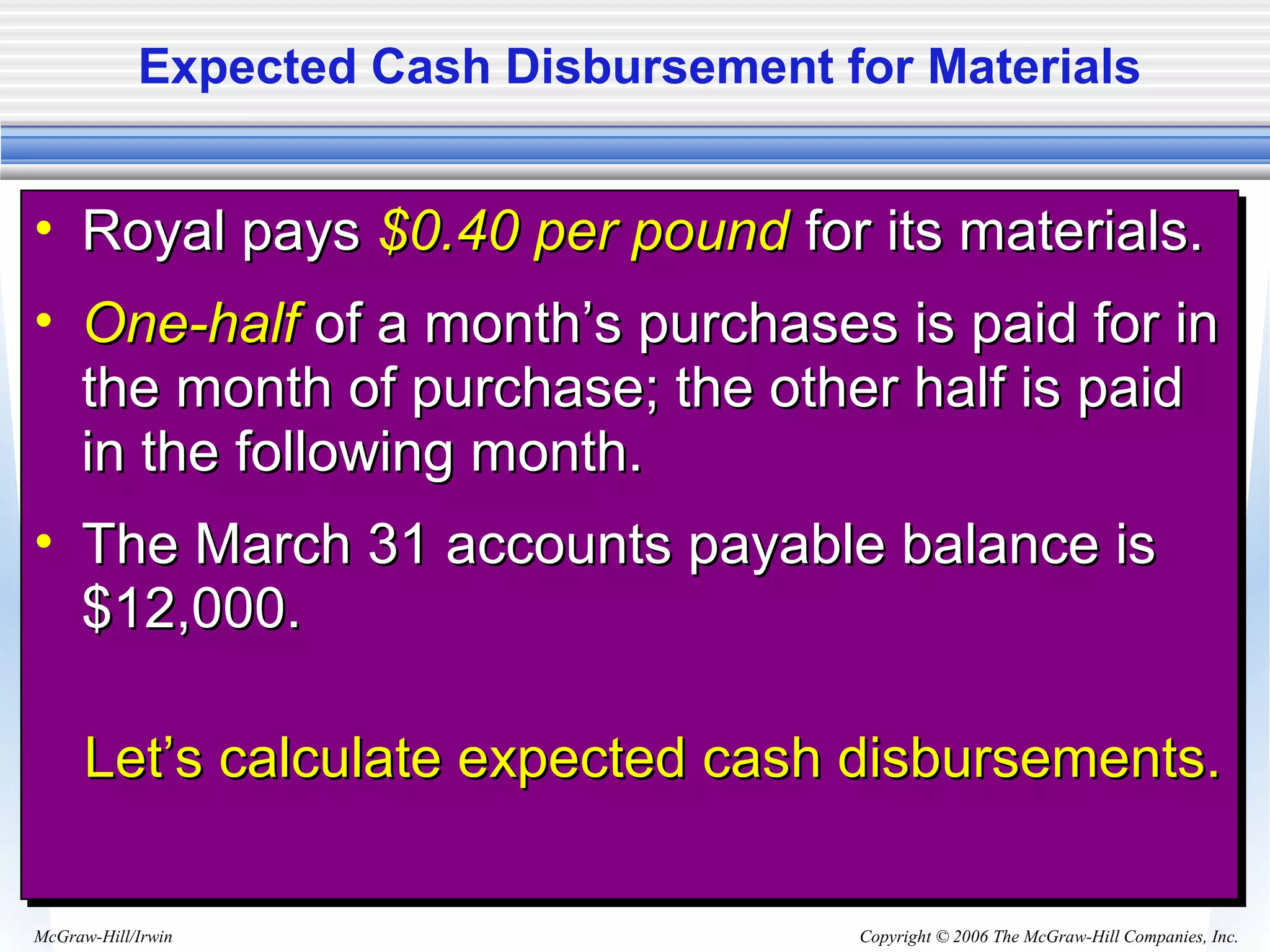 Copyright © 2006 The McGraw-Hill Companies, Inc.McGraw-Hill/Irwin
Expected Cash Disbursement for Materials
• Royal paysRoyal pays $0.40 per pound$0.40 per pound for its materials.for its materials.
• One-halfOne-half of a month’s purchases is paid for inof a month’s purchases is paid for in
the month of purchase; the other half is paidthe month of purchase; the other half is paid
in the following month.in the following month.
• The March 31 accounts payable balance isThe March 31 accounts payable balance is
$12,000.$12,000.
Let’s calculate expected cash disbursements.Let’s calculate expected cash disbursements.
• Royal paysRoyal pays $0.40 per pound$0.40 per pound for its materials.for its materials.
• One-halfOne-half of a month’s purchases is paid for inof a month’s purchases is paid for in
the month of purchase; the other half is paidthe month of purchase; the other half is paid
in the following month.in the following month.
• The March 31 accounts payable balance isThe March 31 accounts payable balance is
$12,000.$12,000.
Let’s calculate expected cash disbursements.Let’s calculate expected cash disbursements.
 