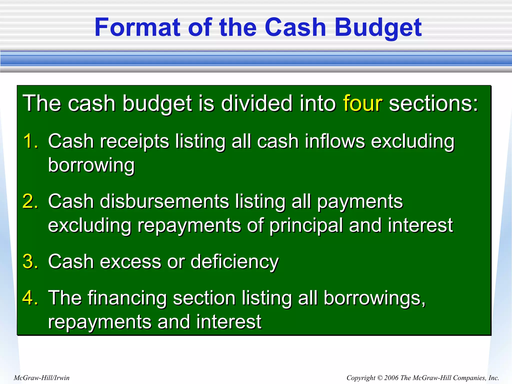 Copyright © 2006 The McGraw-Hill Companies, Inc.McGraw-Hill/Irwin
Format of the Cash Budget
The cash budget is divided intoThe cash budget is divided into fourfour sections:sections:
1.1. Cash receipts listing all cash inflows excludingCash receipts listing all cash inflows excluding
borrowingborrowing
2.2. Cash disbursements listing all paymentsCash disbursements listing all payments
excluding repayments of principal and interestexcluding repayments of principal and interest
3.3. Cash excess or deficiencyCash excess or deficiency
4.4. The financing section listing all borrowings,The financing section listing all borrowings,
repayments and interestrepayments and interest
The cash budget is divided intoThe cash budget is divided into fourfour sections:sections:
1.1. Cash receipts listing all cash inflows excludingCash receipts listing all cash inflows excluding
borrowingborrowing
2.2. Cash disbursements listing all paymentsCash disbursements listing all payments
excluding repayments of principal and interestexcluding repayments of principal and interest
3.3. Cash excess or deficiencyCash excess or deficiency
4.4. The financing section listing all borrowings,The financing section listing all borrowings,
repayments and interestrepayments and interest
 
