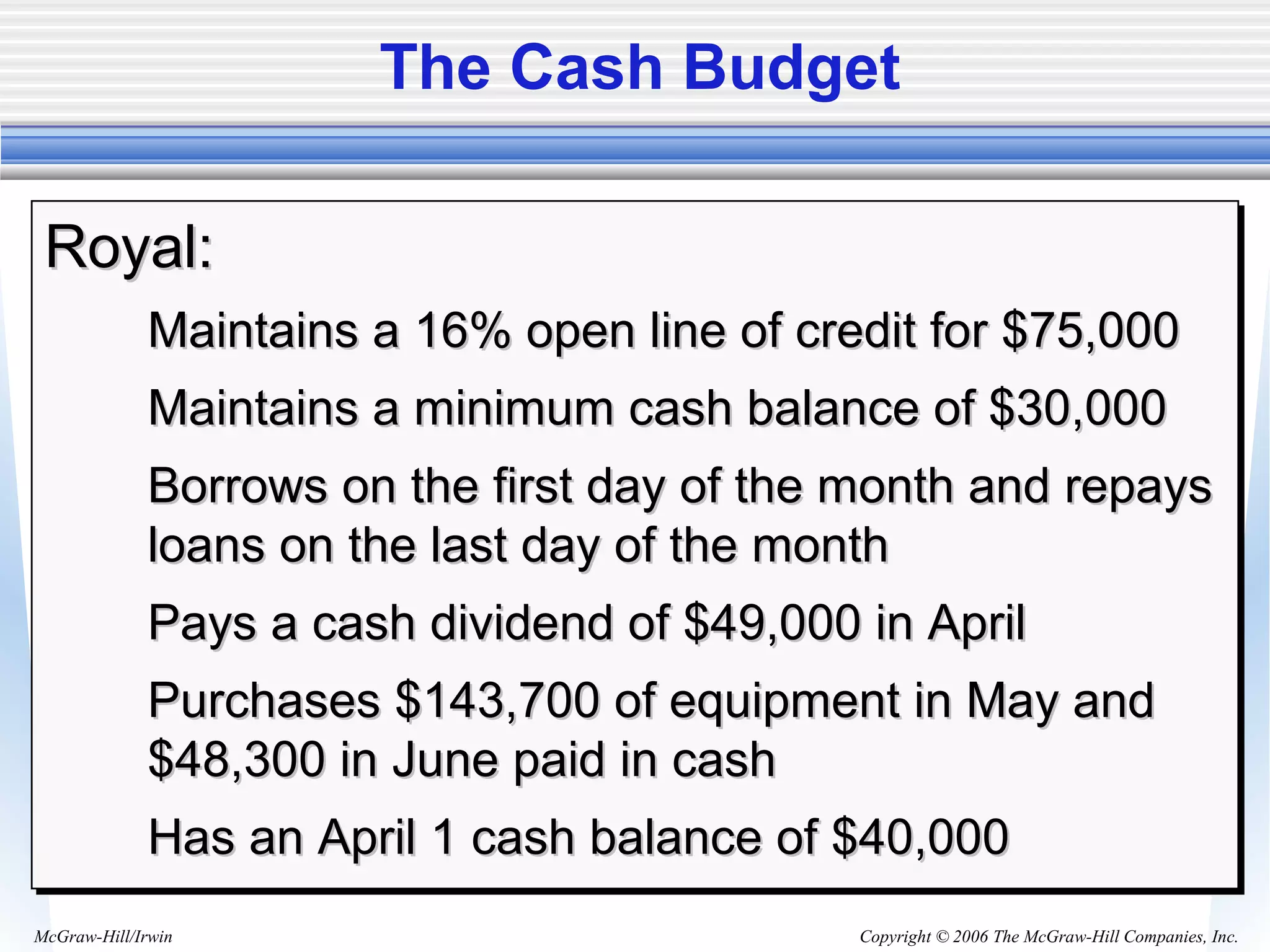 Copyright © 2006 The McGraw-Hill Companies, Inc.McGraw-Hill/Irwin
The Cash Budget
Royal:Royal:
Maintains a 16% open line of credit for $75,000Maintains a 16% open line of credit for $75,000
Maintains a minimum cash balance of $30,000Maintains a minimum cash balance of $30,000
Borrows on the first day of the month and repaysBorrows on the first day of the month and repays
loans on the last day of the monthloans on the last day of the month
Pays a cash dividend of $49,000 in AprilPays a cash dividend of $49,000 in April
Purchases $143,700 of equipment in May andPurchases $143,700 of equipment in May and
$48,300 in June paid in cash$48,300 in June paid in cash
Has an April 1 cash balance of $40,000Has an April 1 cash balance of $40,000
Royal:Royal:
Maintains a 16% open line of credit for $75,000Maintains a 16% open line of credit for $75,000
Maintains a minimum cash balance of $30,000Maintains a minimum cash balance of $30,000
Borrows on the first day of the month and repaysBorrows on the first day of the month and repays
loans on the last day of the monthloans on the last day of the month
Pays a cash dividend of $49,000 in AprilPays a cash dividend of $49,000 in April
Purchases $143,700 of equipment in May andPurchases $143,700 of equipment in May and
$48,300 in June paid in cash$48,300 in June paid in cash
Has an April 1 cash balance of $40,000Has an April 1 cash balance of $40,000
 