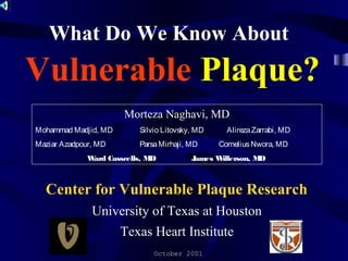 What Do We Know About
Vulnerable Plaque?
Center for Vulnerable Plaque Research
University of Texas at Houston
Texas Heart Institute
October 2001
Morteza Naghavi, MD
Mohammad Madjid, MD Silvio Litovsky, MD AlirezaZarrabi, MD
Maziar Azadpour, MD ParsaMirhaji, MD CorneliusNwora, MD
Ward Casscells, MD James Willerson, MD
 