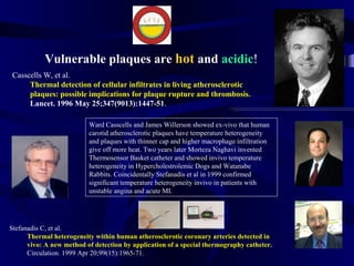 Casscells W, et al.
Thermal detection of cellular infiltrates in living atherosclerotic
plaques: possible implications for plaque rupture and thrombosis.
Lancet. 1996 May 25;347(9013):1447-51.
Vulnerable plaques are hot and acidic!
Ward Casscells and James Willerson showed ex-vivo that human
carotid atherosclerotic plaques have temperature heterogeneity
and plaques with thinner cap and higher macrophage infiltration
give off more heat. Two years later Morteza Naghavi invented
Thermosensor Basket catheter and showed invivo temperature
heterogeneity in Hypercholestrolemic Dogs and Watanabe
Rabbits. Coincidentally Stefanadis et al in 1999 confirmed
significant temperature heterogeneity invivo in patients with
unstable angina and acute MI.
Stefanadis C, et al.
Thermal heterogeneity within human atherosclerotic coronary arteries detected in
vivo: A new method of detection by application of a special thermography catheter.
Circulation. 1999 Apr 20;99(15):1965-71.
 