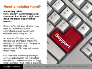 Need a helping hand?Marketing takes time, money, commitment and resource. And to do it right you need the right, experienced person.Once you’ve got your strategy you need to implement it with commitement and quality and evaluate everything you do.So we can offer you your own, flexible and affordable marketing manager to deliver your campaigns from copy writing, web management, PR, blog writing and much more.Our freelance marketing manager service will alleviate the marketing burden and make sure your strategy keeps on track. And that’s a promise.