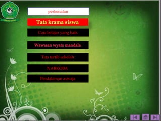 Cara belajar yang baik
Tata tertib sekolah
NARKOBA
Pendalaman aswaja
perkenalan
 