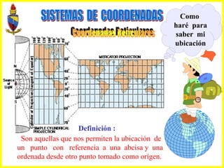 Como
haré para
saber mi
ubicación
Son aquellas que nos permiten la ubicación de
un punto con referencia a una abcisa y una
ordenada desde otro punto tomado como orígen.
Definición :
 