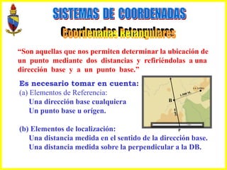 “Son aquellas que nos permiten determinar la ubicación de
un punto mediante dos distancias y refiriéndolas a una
dirección base y a un punto base.”
Es necesario tomar en cuenta:
(a) Elementos de Referencia:
Una dirección base cualquiera
Un punto base u orígen.
(b) Elementos de localización:
Una distancia medida en el sentido de la dirección base.
Una distancia medida sobre la perpendicular a la DB.
P
B
LA LOMA
1: 25000
 