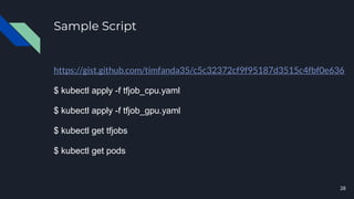 Sample Script
https://gist.github.com/timfanda35/c5c32372cf9f95187d3515c4fbf0e636
$ kubectl apply -f tfjob_cpu.yaml
$ kubectl apply -f tfjob_gpu.yaml
$ kubectl get tfjobs
$ kubectl get pods
28
 