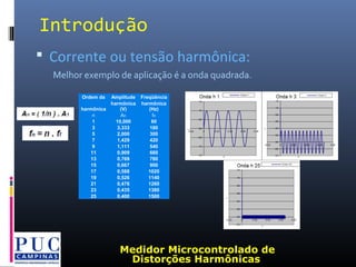  Corrente ou tensão harmônica:
Melhor exemplo de aplicação é a onda quadrada.
Ordem da Amplitude Freqüência
harmônica
harmônica
(V)
harmônica
(Hz)
n An fn
1 10,000 60
3 3,333 180
5 2,000 300
7 1,429 420
9 1,111 540
11 0,909 660
13 0,769 780
15 0,667 900
17 0,588 1020
19 0,526 1140
21 0,476 1260
23 0,435 1380
25 0,400 1500
Medidor Microcontrolado de
Distorções Harmônicas
Introdução
 