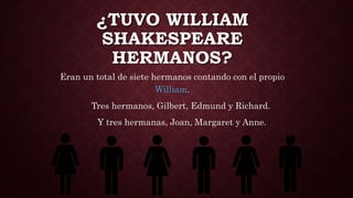 ¿TUVO WILLIAM
SHAKESPEARE
HERMANOS?
Eran un total de siete hermanos contando con el propio
William.
Tres hermanos, Gilbert, Edmund y Richard.
Y tres hermanas, Joan, Margaret y Anne.
 