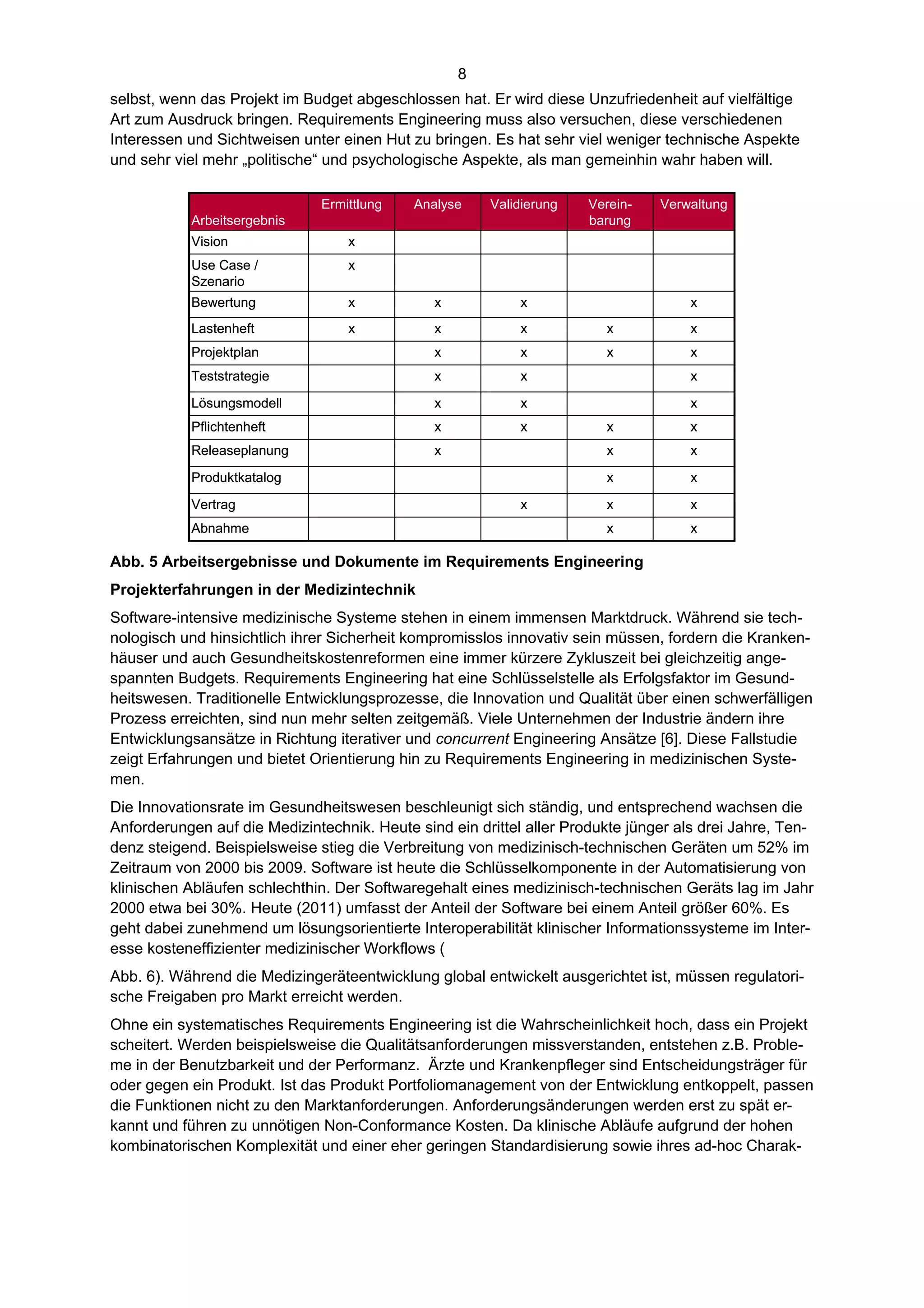 8
selbst, wenn das Projekt im Budget abgeschlossen hat. Er wird diese Unzufriedenheit auf vielfältige
Art zum Ausdruck bringen. Requirements Engineering muss also versuchen, diese verschiedenen
Interessen und Sichtweisen unter einen Hut zu bringen. Es hat sehr viel weniger technische Aspekte
und sehr viel mehr „politische“ und psychologische Aspekte, als man gemeinhin wahr haben will.

                              Ermittlung    Analyse    Validierung    Verein-   Verwaltung
           Arbeitsergebnis                                            barung
           Vision                 x
           Use Case /             x
           Szenario
           Bewertung              x            x            x                       x
           Lastenheft             x            x            x           x           x
           Projektplan                         x            x           x           x
           Teststrategie                       x            x                       x

           Lösungsmodell                       x            x                       x
           Pflichtenheft                       x            x           x           x
           Releaseplanung                      x                        x           x

           Produktkatalog                                               x           x

           Vertrag                                          x           x           x
           Abnahme                                                      x           x

Abb. 5 Arbeitsergebnisse und Dokumente im Requirements Engineering
Projekterfahrungen in der Medizintechnik
Software-intensive medizinische Systeme stehen in einem immensen Marktdruck. Während sie tech-
nologisch und hinsichtlich ihrer Sicherheit kompromisslos innovativ sein müssen, fordern die Kranken-
häuser und auch Gesundheitskostenreformen eine immer kürzere Zykluszeit bei gleichzeitig ange-
spannten Budgets. Requirements Engineering hat eine Schlüsselstelle als Erfolgsfaktor im Gesund-
heitswesen. Traditionelle Entwicklungsprozesse, die Innovation und Qualität über einen schwerfälligen
Prozess erreichten, sind nun mehr selten zeitgemäß. Viele Unternehmen der Industrie ändern ihre
Entwicklungsansätze in Richtung iterativer und concurrent Engineering Ansätze [6]. Diese Fallstudie
zeigt Erfahrungen und bietet Orientierung hin zu Requirements Engineering in medizinischen Syste-
men.
Die Innovationsrate im Gesundheitswesen beschleunigt sich ständig, und entsprechend wachsen die
Anforderungen auf die Medizintechnik. Heute sind ein drittel aller Produkte jünger als drei Jahre, Ten-
denz steigend. Beispielsweise stieg die Verbreitung von medizinisch-technischen Geräten um 52% im
Zeitraum von 2000 bis 2009. Software ist heute die Schlüsselkomponente in der Automatisierung von
klinischen Abläufen schlechthin. Der Softwaregehalt eines medizinisch-technischen Geräts lag im Jahr
2000 etwa bei 30%. Heute (2011) umfasst der Anteil der Software bei einem Anteil größer 60%. Es
geht dabei zunehmend um lösungsorientierte Interoperabilität klinischer Informationssysteme im Inter-
esse kosteneffizienter medizinischer Workflows (
Abb. 6). Während die Medizingeräteentwicklung global entwickelt ausgerichtet ist, müssen regulatori-
sche Freigaben pro Markt erreicht werden.
Ohne ein systematisches Requirements Engineering ist die Wahrscheinlichkeit hoch, dass ein Projekt
scheitert. Werden beispielsweise die Qualitätsanforderungen missverstanden, entstehen z.B. Proble-
me in der Benutzbarkeit und der Performanz. Ärzte und Krankenpfleger sind Entscheidungsträger für
oder gegen ein Produkt. Ist das Produkt Portfoliomanagement von der Entwicklung entkoppelt, passen
die Funktionen nicht zu den Marktanforderungen. Anforderungsänderungen werden erst zu spät er-
kannt und führen zu unnötigen Non-Conformance Kosten. Da klinische Abläufe aufgrund der hohen
kombinatorischen Komplexität und einer eher geringen Standardisierung sowie ihres ad-hoc Charak-
 