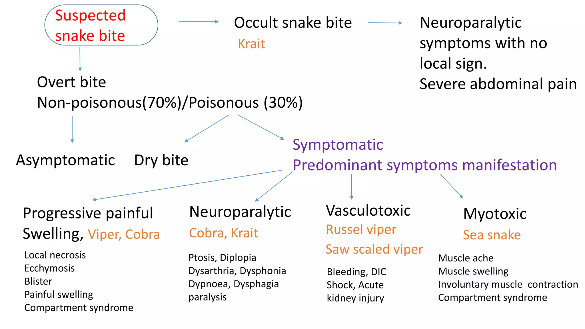 Occult snake bite
Krait
Neuroparalytic
symptoms with no
local sign.
Severe abdominal painOvert bite
Non-poisonous(70%)/Poisonous (30%)
Asymptomatic Dry bite
Symptomatic
Predominant symptoms manifestation
Progressive painful
Swelling, Viper, Cobra
Neuroparalytic
Cobra, Krait
Vasculotoxic
Russel viper
Saw scaled viper
Myotoxic
Sea snake
Suspected
snake bite
Local necrosis
Ecchymosis
Blister
Painful swelling
Compartment syndrome
Ptosis, Diplopia
Dysarthria, Dysphonia
Dypnoea, Dysphagia
paralysis
Bleeding, DIC
Shock, Acute
kidney injury
Muscle ache
Muscle swelling
Involuntary muscle contraction
Compartment syndrome
 