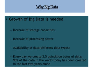 Why Big Data
• Growth of Big Data is needed
– Increase of storage capacities
– Increase of processing power
– Availability of data(different data types)
– Every day we create 2.5 quintillion bytes of data;
90% of the data in the world today has been created
in the last two years alone
 