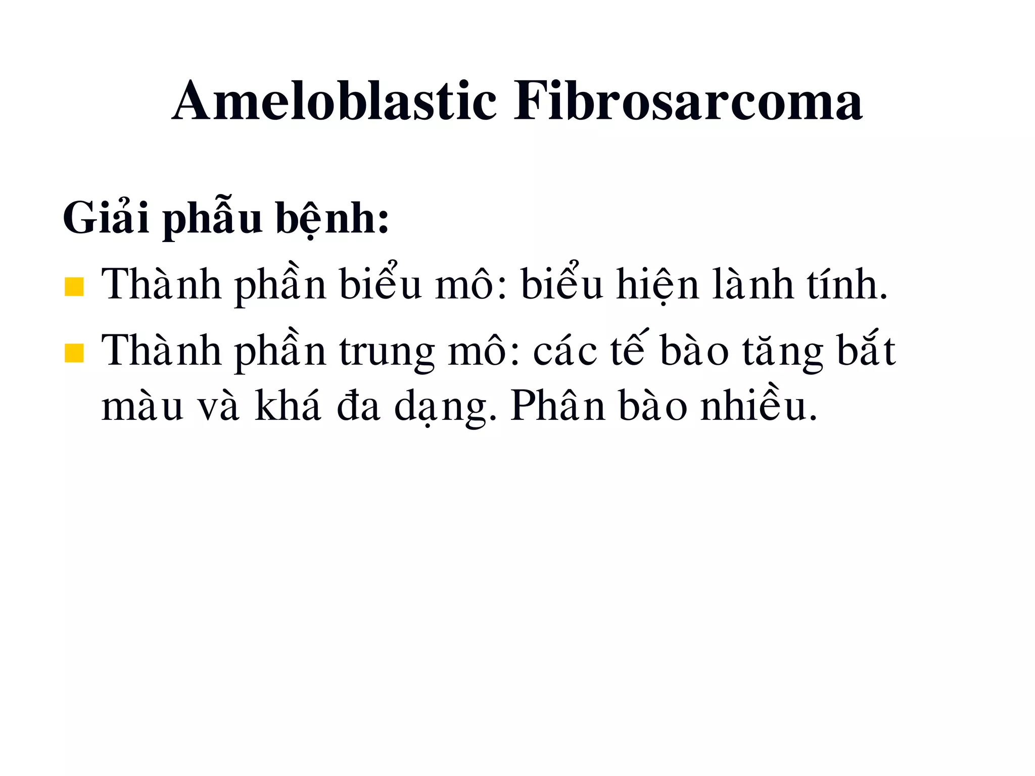 Ameloblastic Fibrosarcoma
Giaûi phaãu beänh:
 Thaønh phaàn bieåu moâ: bieåu hieän laønh tính.
 Thaønh phaàn trung moâ: caùc teá baøo taêng baét
maøu vaø khaù ña daïng. Phaân baøo nhieàu.
 