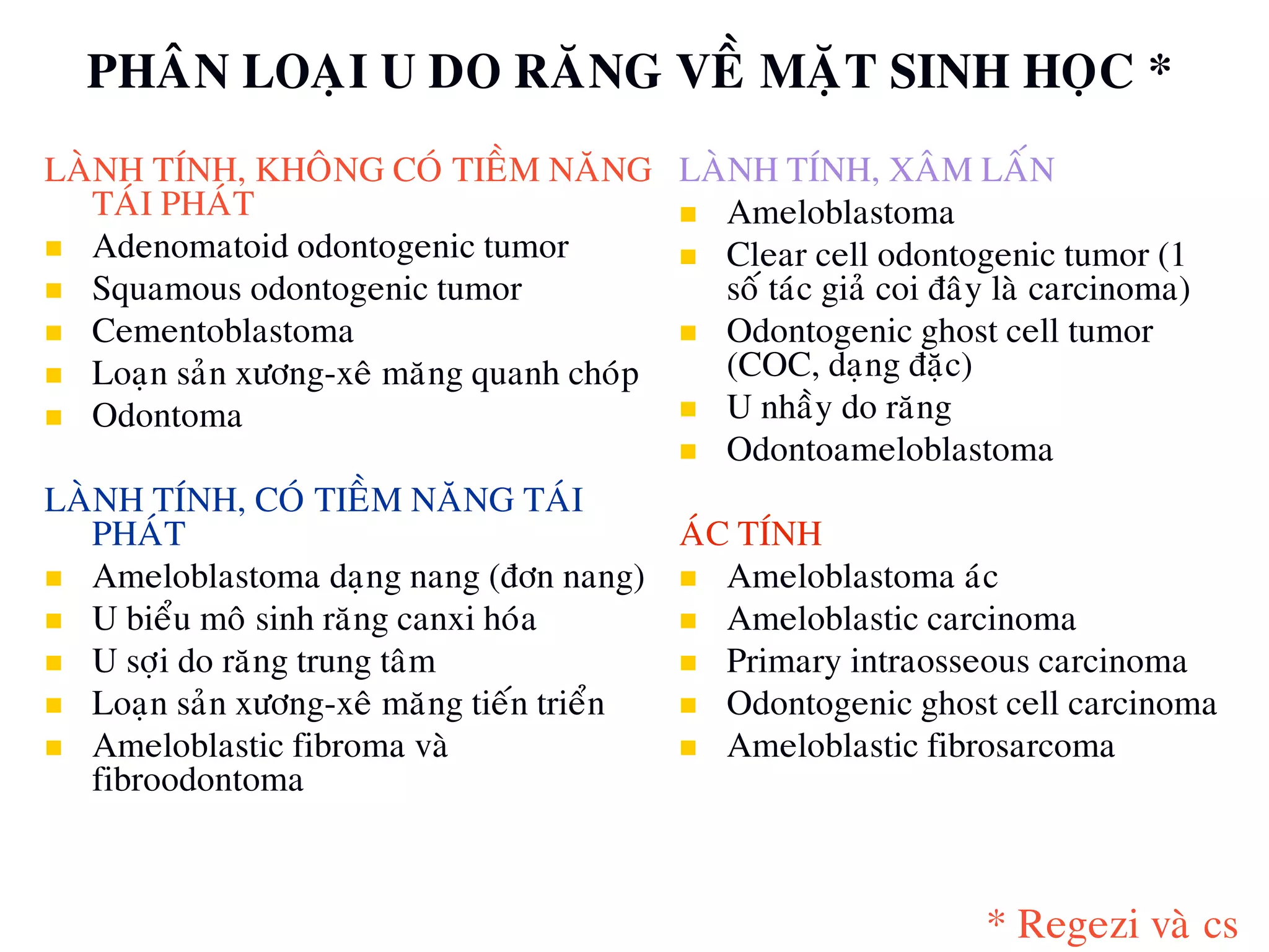 LAØNH TÍNH, KHOÂNG COÙ TIEÀM NAÊNG
TAÙI PHAÙT
 Adenomatoid odontogenic tumor
 Squamous odontogenic tumor
 Cementoblastoma
 Loaïn saûn xöông-xeâ maêng quanh choùp
 Odontoma
LAØNH TÍNH, COÙ TIEÀM NAÊNG TAÙI
PHAÙT
 Ameloblastoma daïng nang (ñôn nang)
 U bieåu moâ sinh raêng canxi hoùa
 U sôïi do raêng trung taâm
 Loaïn saûn xöông-xeâ maêng tieán trieån
 Ameloblastic fibroma vaø
fibroodontoma
LAØNH TÍNH, XAÂM LAÁN
 Ameloblastoma
 Clear cell odontogenic tumor (1
soá taùc giaû coi ñaây laø carcinoma)
 Odontogenic ghost cell tumor
(COC, daïng ñaëc)
 U nhaày do raêng
 Odontoameloblastoma
AÙC TÍNH
 Ameloblastoma aùc
 Ameloblastic carcinoma
 Primary intraosseous carcinoma
 Odontogenic ghost cell carcinoma
 Ameloblastic fibrosarcoma
PHAÂN LOAÏI U DO RAÊNG VEÀ MAËT SINH HOÏC *
* Regezi vaø cs
 