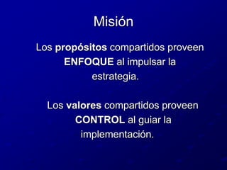 Misión        Los propósitos compartidos proveenENFOQUE al impulsar la                            estrategia.            Los valores compartidos proveen                      CONTROL al guiar la                        implementación.
