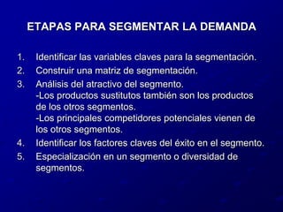 ETAPAS PARA SEGMENTAR LA DEMANDAIdentificar las variables claves para la segmentación.Construir una matriz de segmentación.Análisis del atractivo del segmento.                               -Los productos sustitutos también son los productos de los otros segmentos.                                                                       -Los principales competidores potenciales vienen de los otros segmentos.Identificar los factores claves del éxito en el segmento.Especialización en un segmento o diversidad de segmentos.
