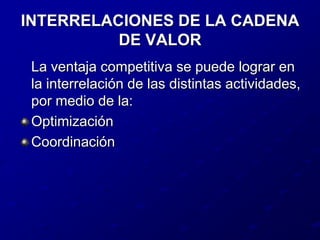 INTERRELACIONES DE LA CADENA DE VALOR	La ventaja competitiva se puede lograr en la interrelación de las distintas actividades, por medio de la:OptimizaciónCoordinación