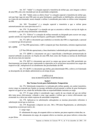 Separata ao Boletim do Exército Nº 51, de 19 de dezembro de 2003. - 103
Art. 367. “Adido” é a situação especial e transitória do militar que, sem integrar o efetivo
de uma OM, está a ela vinculado por ato de autoridade competente.
Art. 368. “Adido como se efetivo fosse” é a situação especial e transitória do militar que,
sem que haja vaga em uma OM, para seu grau hierárquico, qualificação ou habilitações, nela permanece
ou é para ela movimentado; nessa situação o militar é considerado para todos os efeitos como integrante
da OM.
Art. 369. “Excedente” é a situação especial e transitória a que o militar passa
automaticamente nos casos previstos no E-1.
Art. 370. “À disposição” é a situação em que se encontra o militar a serviço de órgão ou
autoridade a que não esteja diretamente subordinado.
Art. 371. “Efetivo” é a situação do militar nomeado ou designado para exercer um cargo,
quando satisfaz aos requisitos de grau hierárquico, qualificação e habilitações.
Art. 372. QO é o documento que estabelece as missões das OM e a organização, o pessoal
e o material que devem possuir.
§ 1º Nas OM operacionais, o QO é composto por base doutrinária, estrutura organizacional,
QC e QDM.
§ 2º Nas OM não operacionais, a base doutrinária é substituída pelo regulamento específico.
Art. 373. QDM é o documento em que é especificada a distribuição pormenorizada do
material atribuído ao pessoal e às frações de uma OM, bem como são fixadas as normas de distribuição
dos diversos itens de material.
Art. 374. QCP é o documento que prevê os cargos que possui uma OM, permitindo seu
funcionamento em tempo de paz, expressando as supressões ou os acréscimos necessários nos cargos dos
respectivos QC, indispensáveis ao atendimento das peculiaridades da OM.
Art. 375. QLPC é o documento que define, para determinada OM, o efetivo civil destinado
ao desempenho de atividades administrativas em tempo de paz.
CAPÍTULO II
DAS SUBSTITUIÇÕES TEMPORÁRIAS
Seção I
Das Normas Gerais para Substituições Temporárias
Art. 376. Substituição temporária é a realizada pelo militar quando, em caráter transitório,
exerce cargo ou responde por função ou encargo atribuídos privativamente a militar de grau hierárquico
superior ou igual ao seu, sendo-lhe atribuídas todas as responsabilidades inerentes ao cargo.
Art. 377. O cargo militar é considerado vago a partir de sua criação até que um militar
dele tome posse efetivamente, voltando a estar vago quando o militar que o exerce efetivamente seja
exonerado ou o deixe por ordem expressa de autoridade competente.
Art. 378. Aplicam-se às substituições subseqüentes as mesmas prescrições referentes à
substituição inicial que as motivou.
Art. 379. Respeitado o disposto nos arts. 386 e 390 deste Regulamento, as substituições
temporárias ocorrem por motivo de:
I - cargo vago;
II - afastamento do cargo, do ocupante efetivo ou interino, por prazo superior a trinta dias; ou
III - afastamento do cargo, do ocupante efetivo ou interino, por prazo inferior a trinta dias
ou por férias.
 