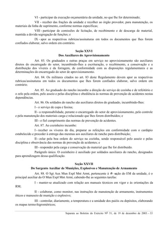 Separata ao Boletim do Exército Nº 51, de 19 de dezembro de 2003. - 33
VI - participar da execução orçamentária da unidade, no que lhe for determinado;
VII - receber das frações da unidade e recolher ao órgão provedor, para manutenção, os
materiais da linha de suprimento, conforme normas específicas;
VIII - participar de comissões de licitação, de recebimento e de descarga de material,
mantida a devida segregação de funções; e
IX - apor as respectivas rubricas/assinaturas em todos os documentos que lhes forem
confiados elaborar, salvo ordem em contrário.
Seção XXVI
Dos Auxiliares do Aprovisionamento
Art. 83. Os graduados e outras praças em serviço no aprovisionamento são auxiliares
diretos do encarregado do setor, incumbindo-lhes a escrituração, o recebimento, a conservação e a
distribuição dos víveres e da forragem, de conformidade com as disposições regulamentares e as
determinações do encarregado do setor de aprovisionamento.
Art. 84. Os militares citados no art. 83 deste Regulamento devem apor as respectivas
rubricas/assinaturas em todos os documentos que lhes forem confiados elaborar, salvo ordem em
contrário.
Art. 85. Ao graduado do rancho incumbe a direção do serviço de cozinha e de refeitório e
o zelo pela ordem, pelo asseio e pelas disciplina e obediência às normas de prevenção de acidentes nestas
dependências.
Art. 86. Os soldados do rancho são auxiliares diretos do graduado, incumbindo-lhes:
I - o serviço de copa e faxina;
II - a responsabilidade, perante o encarregado do setor de aprovisionamento, pelo controle
e pela manutenção dos materiais carga e relacionado que lhes forem distribuídos; e
III - o fiel cumprimento das normas de prevenção de acidentes.
Art. 87. Ao cozinheiro incumbe:
I - receber os víveres do dia, preparar as refeições em conformidade com o cardápio
estabelecido e proceder à entrega das mesmas aos auxiliares de rancho para distribuição;
II - zelar pela boa ordem do serviço na cozinha, sendo responsável pelo asseio e pelas
disciplina e observância das normas de prevenção de acidentes; e
III - responder pela carga e conservação do material que lhe for distribuído.
Parágrafo único. O cozinheiro é auxiliado por soldados auxiliares do rancho, designados
para aprendizagem dessa qualificação.
Seção XXVII
Do Sargento Auxiliar de Munições, Explosivos e Manutenção de Armamento
Art. 88. O Sgt Aux Mun Expl Mnt Armt, pertencente à 4ª seção do EM da unidade, é o
principal auxiliar do O Mun Expl Mnt Armt, cabendo-lhe as seguintes tarefas:
I - manter-se atualizado com relação aos manuais técnicos em vigor e às orientações da
RM;
II - colaborar, como monitor, nas instruções de manutenção de armamento, instrumentos
óticos e manuseio de munição e explosivo;
III - controlar, diariamente, a temperatura e a umidade dos paióis ou depósitos, elaborando
os mapas termo-higrométricos;
 