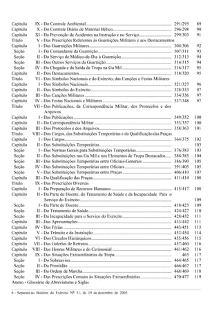 6 – Separata ao Boletim do Exército Nº 51, de 19 de dezembro de 2003.
Capítulo IX - Do Controle Ambiental............................................................................. 291/295 89
Capítulo X - Do Controle Diário de Material Bélico..................................................... 296/298 90
Capítulo XI - Da Prevenção de Acidentes na Instrução e no Serviço............................. 299/303 91
Título V - Das Prescrições Referentes às Guarnições Militares e aos Destacamentos
Capítulo I - Das Guarnições Militares.......................................................................... 304/306 92
Seção I - Do Comandante da Guarnição.................................................................. 307/311 93
Seção II - Do Serviço de Médico-de-Dia à Guarnição.............................................. 312/313 94
Seção III - Dos Outros Serviços da Guarnição........................................................... 314/315 94
Seção IV - Da Chegada e da Saída de Tropa na Gu Mil ............................................ 316/317 95
Capítulo II - Dos Destacamentos................................................................................... 318/320 95
Título VI - Dos Símbolos Nacionais e do Exército, das Canções e Festas Militares
Capítulo I - Dos Símbolos Nacionais........................................................................... 321/327 96
Capítulo II - Dos Símbolos do Exército ........................................................................ 328/333 97
Capítulo III - Das Canções Militares .............................................................................. 334/336 97
Capítulo IV - Das Festas Nacionais e Militares.............................................................. 337/348 97
Título VII - Das Publicações, da Correspondência Militar, dos Protocolos e dos
Arquivos
Capítulo I - Das Publicações........................................................................................ 349/352 100
Capítulo II - Da Correspondência Militar ..................................................................... 353/357 100
Capítulo III - Dos Protocolos e dos Arquivos................................................................. 358/363 101
Título VIII - Dos Cargos, das Substituições Temporárias e da Qualificação das Praças
Capítulo I - Dos Cargos................................................................................................ 364/375 102
Capítulo II - Das Substituições Temporárias................................................................. 103
Seção I - Das Normas Gerais para Substituições Temporárias................................ 376/383 103
Seção II - Das Substituições nas Gu Mil e nos Elementos de Tropa Destacados..... 384/385 104
Seção III - Das Substituições Temporárias entre Oficiais-Generais .......................... 386/390 105
Seção IV - Das Substituições Temporárias entre Oficiais.......................................... 391/405 105
Seção V - Das Substituições Temporárias entre Praças ............................................ 406/410 107
Capítulo III - Da Qualificação das Praças....................................................................... 411/414 108
Título IX - Das Prescrições Diversas
Capítulo I - Da Preparação de Recursos Humanos ...................................................... 415/417 108
Capítulo II - Da Parte de Doente, do Tratamento de Saúde e da Incapacidade Para o
Serviço do Exército.................................................................................. 109
Seção I - Da Parte de Doente ................................................................................... 418/423 109
Seção II - Do Tratamento de Saúde........................................................................... 424/427 110
Seção III - Da Incapacidade para o Serviço do Exército............................................ 428/432 111
Capítulo III - Das Apresentações.................................................................................... 433/442 111
Capítulo IV - Das Férias ................................................................................................. 443/451 113
Capítulo V - Do Trânsito e da Instalação ...................................................................... 452/454 114
Capítulo VI - Dos Círculos Hierárquicos........................................................................ 455/456 115
Capítulo VII - Das Galerias de Retratos........................................................................... 457/460 116
Capítulo VIII - Das Honras Militares e do Cerimonial ..................................................... 461/462 116
Capítulo IX - Das Situações Extraordinárias da Tropa................................................... 463 117
Seção I - Do Sobreaviso........................................................................................... 464/465 117
Seção II - Da Prontidão ............................................................................................ 466/467 117
Seção III - Da Ordem de Marcha................................................................................ 468/469 118
Seção IV - Das Prescrições Comuns às Situações Extraordinárias............................ 470/477 119
Anexo - Glossário de Abreviaturas e Siglas
 