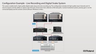 Configuration Example - Live Recording and Digital Snake System
This system enables both a high quality digital snake setup and a live recording rig. This configuration includes 64 high-quality input channels and 16
returns/outputs and the ability to capture upto 48 tracks chosen from that collection of 80 total paths. Control of phantom power, preamp gain is via the
connected laptop and the remote control software (Windows or Mac).
Stage
Front of House Audio Console
8 Outputs32 Inputs 8 Outputs32 Inputs
S-4000S-3208 (Slave) S-4000S-3208 (Slave)
S-4000H (Slave) S-4000H (Slave)
R-1000 Remote Control Software
R-1000 (Master)
USB
 